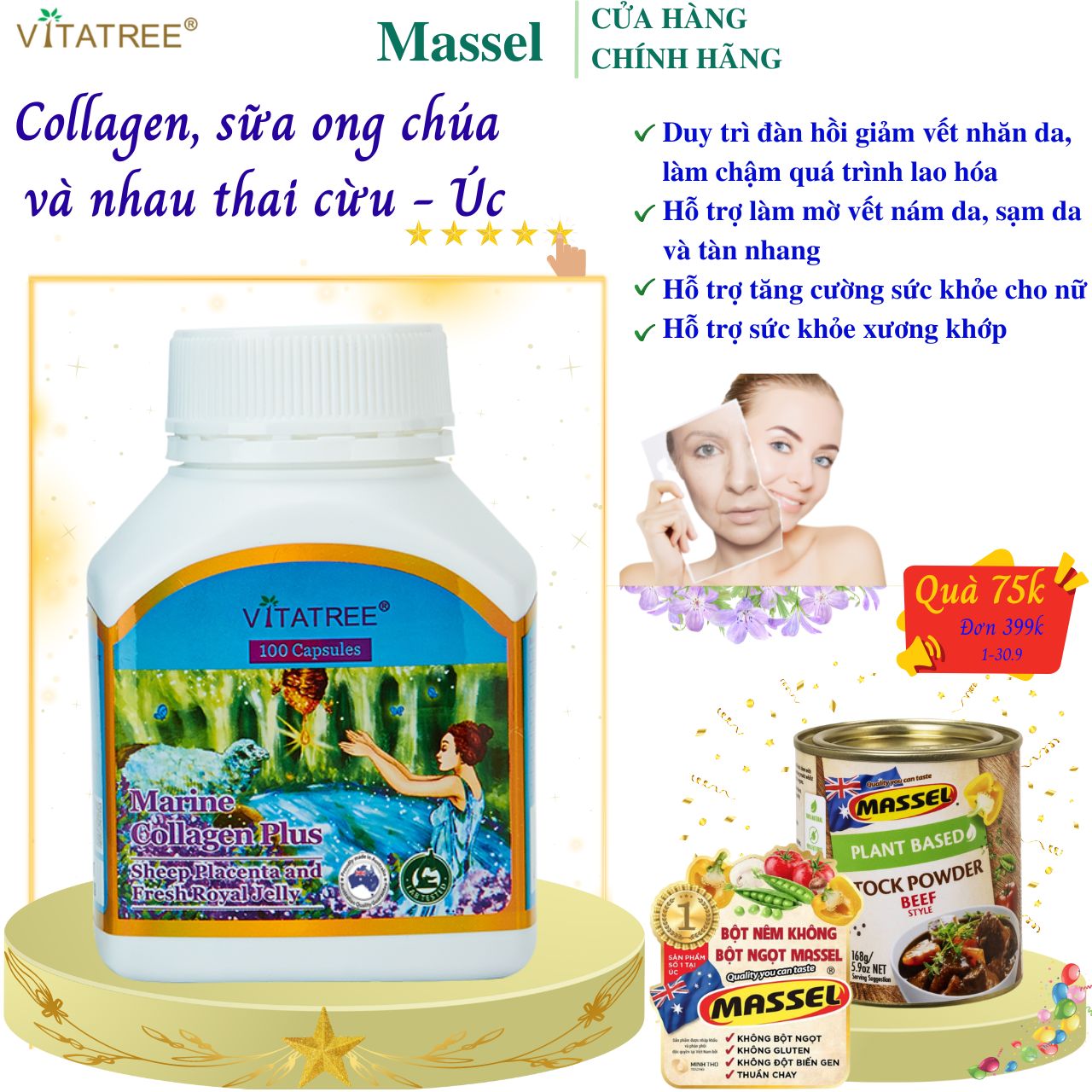 Collagen kết hợp Nhau Thai Cừu và Sữa Ong Chúa Vitatree Marine Collagen Plus