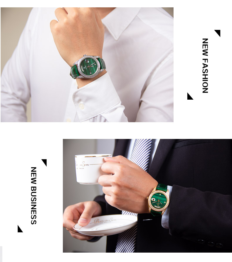 【START】Đồng hồ nam đá khổng tước tự nhiên（Malachite）đồng hồ kim cương chức năng hiển thị thứ ngày  đồng hồ cơ tự động dây da cá sấu Khóa bướm