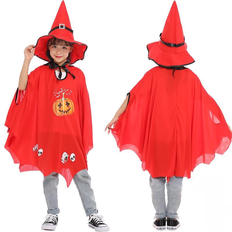Áo choàng phù thủy cánh dơi kèm mũ hóa trang Halloween cho bé 4-10 tuổi