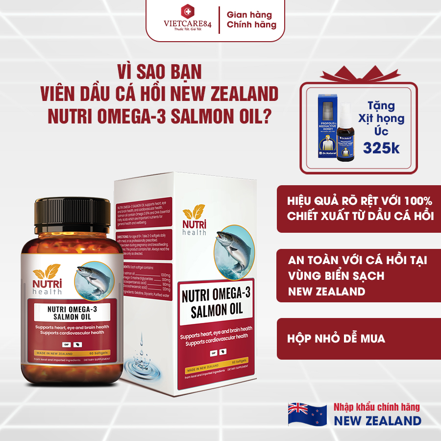 Viên Dầu Cá Hồi New Zealand Nutri Omega-3 Salmon Oil 60 Viên | Hỗ Trợ Sức Khỏe Mắt, Não, Tim - Nhập Khẩu Chính Hãng