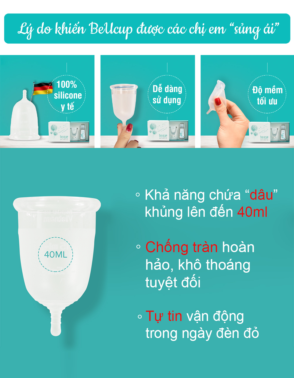 Bộ sản phẩm Cốc nguyệt san BeUcup 100% Silicone y tế Waker Đức kháng khuẩn siêu mềm, đạt chuẩn FDA Hoa Kỳ JN-CNS01 2