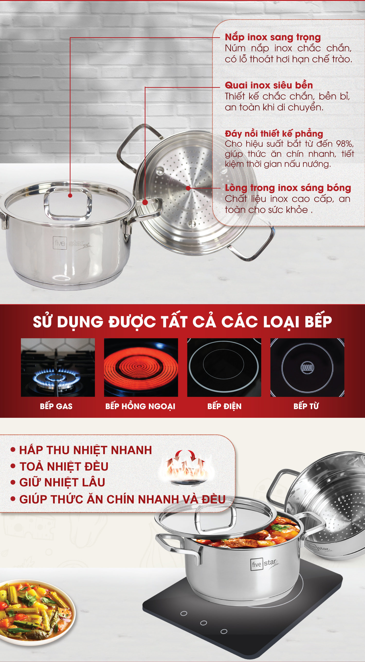 Bộ Nồi Xửng Hấp Inox 304 Fivestar (20cm)