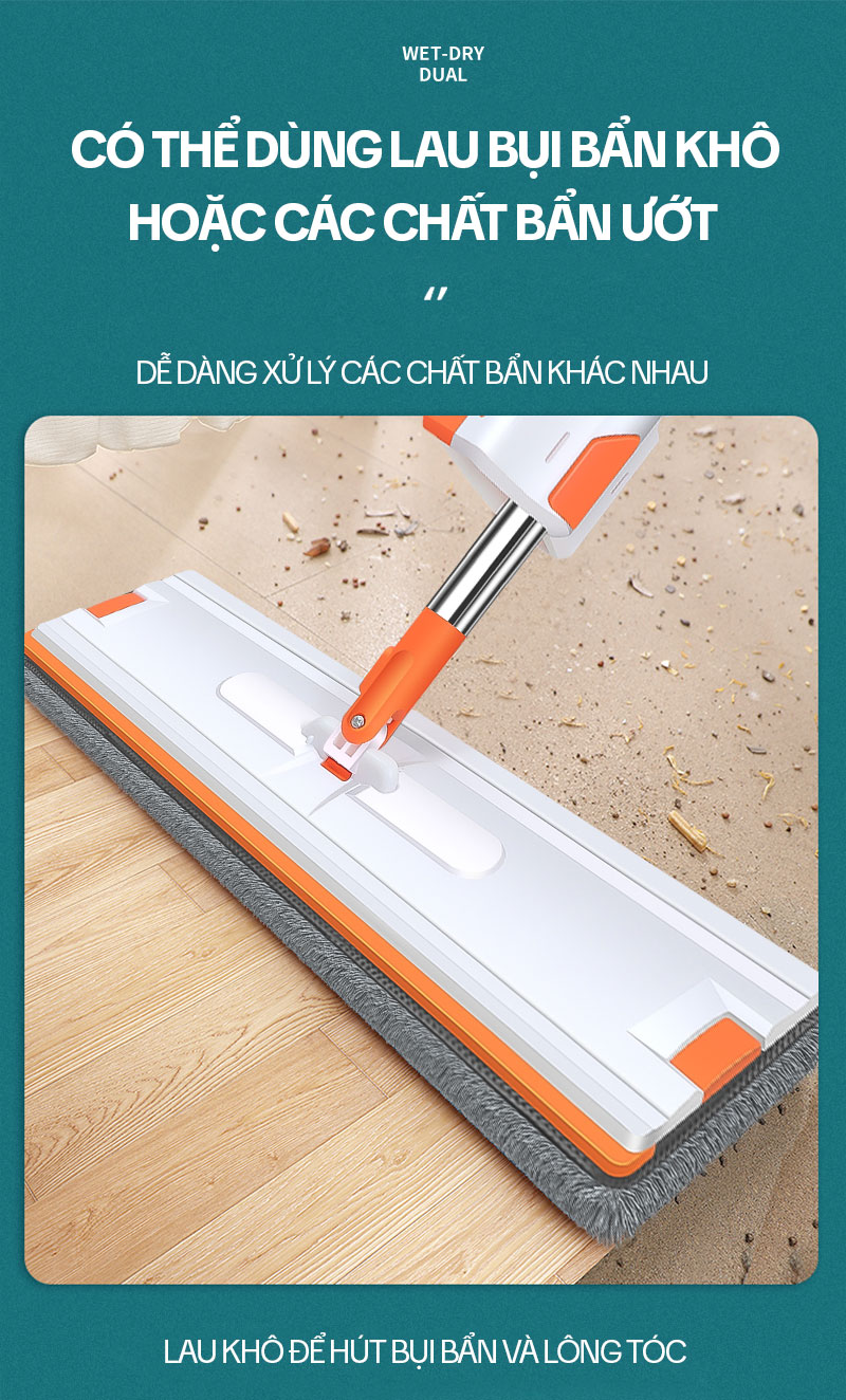 Cây Lau Nhà Tự Vắt KITIMOP WHITE 42CM, Chổi Lau Nhà Tự Vắt Thông Minh Xoay 360 Độ, Lau Sàn Làm Sạch