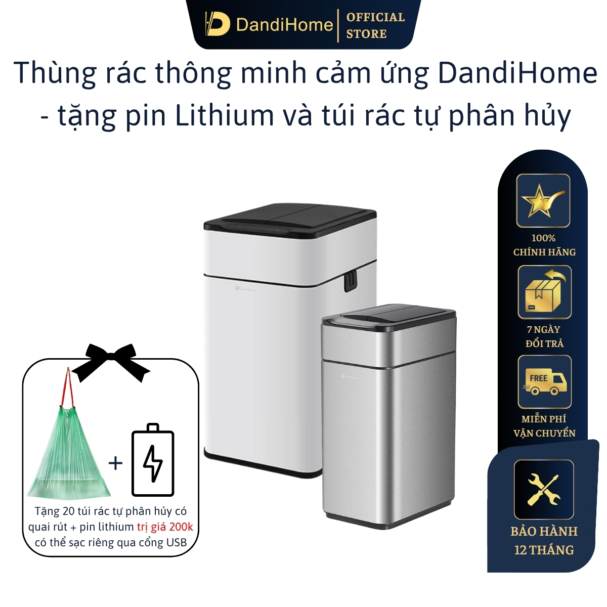 Thùng rác thông minh cảm ứng tự động đóng mở DandiHome - Tặng pin sạc Micro usb