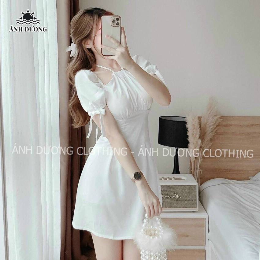 Váy nữ thời trang tay phồng cổ yếm dáng xoè cột nơ có mút Ánh Dương Clothing