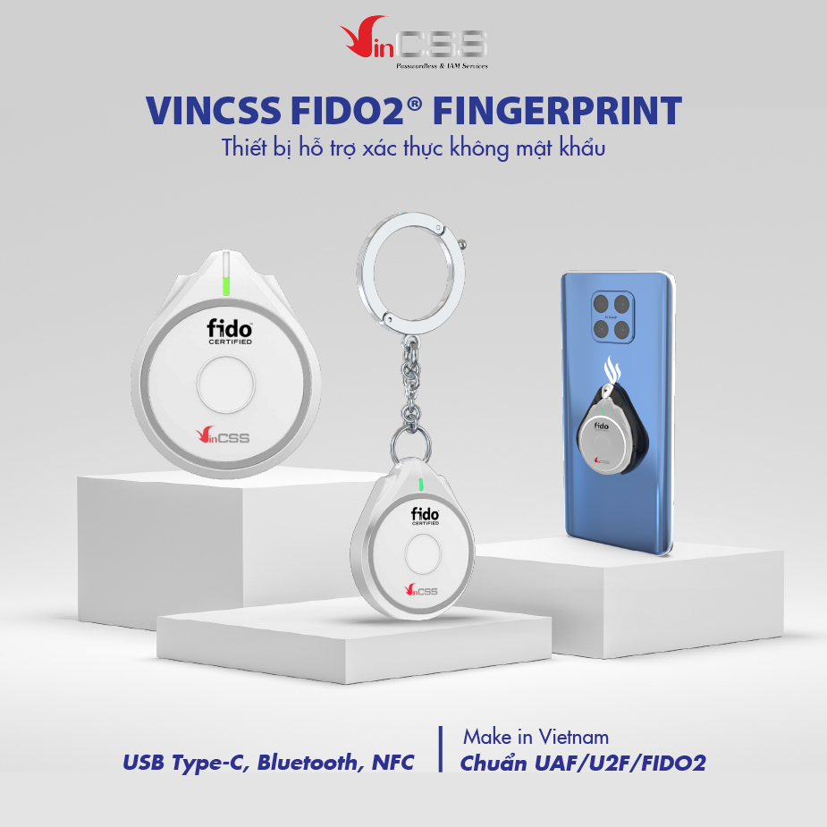 Khóa Xác Thực Mạnh VinCSS FIDO2 Fingerprint (Kết Nối USB Type-C, Bluetooth, NFC) – Sử Dụng Sinh Trắc Học Vân Tay - Hỗ Trợ Đăng Nhập An Toàn Không Mật Khẩu, Chuẩn UAF/U2F/FIDO2 - Hàng Chính Hãng