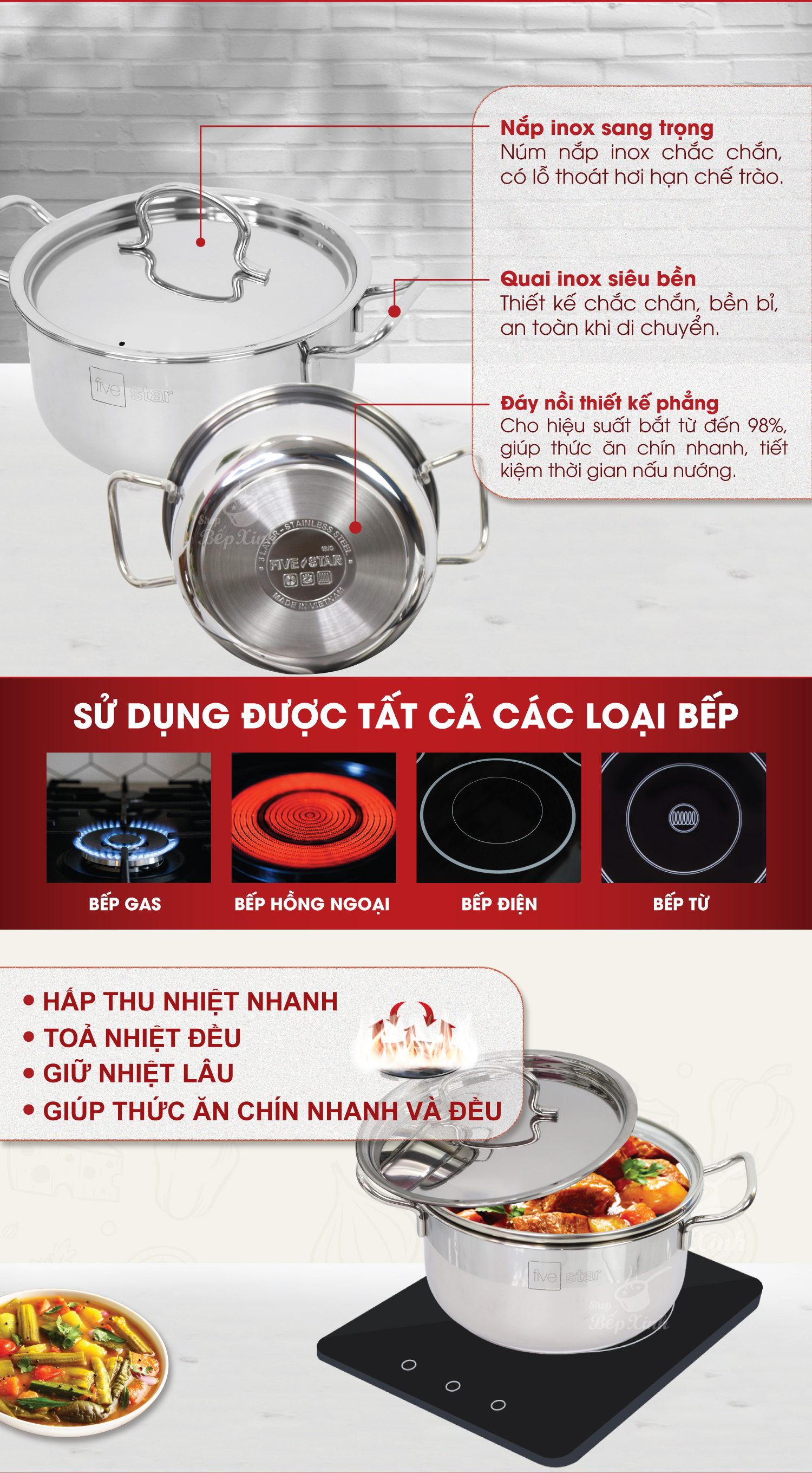 Nồi inox 3 đáy sandwich  FiveStar Standard nắp inox ( 16cm/18cm/ 20cm/24cm ),tặng 1 muỗng canh, dùng được mọi bếp
