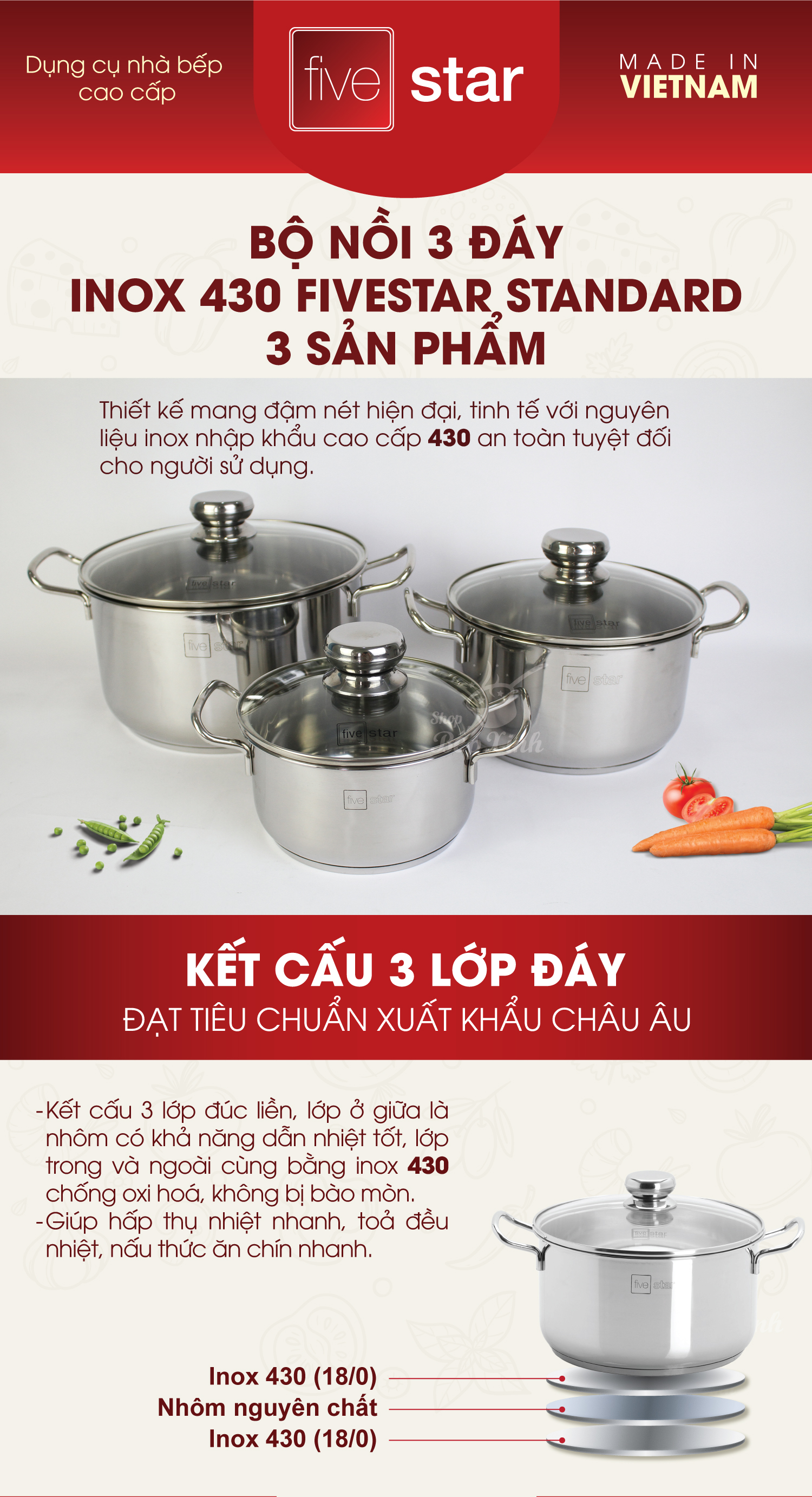 Nồi 3 đáy inox 430 FiveStar Standard bếp từ nắp kính - tặng 2 vá canh ( 16cm / 20cm /24cm )