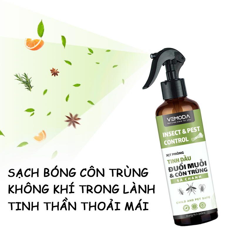 Bình Xịt phòng tinh dầu Sả Chanh, Bạc hà, Quế, Bạch đàn chanh Vemoda giúp hỗ trợ đuổi muỗi, thơm phòng nhanh chóng. Chai xịt hỗ trợ đuổi muỗi từ tinh dầu thiên nhiên