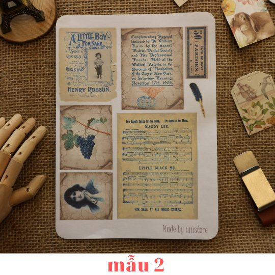 Sticker tự cắt Blue mix ephemera - sticker vintage dán, trang trí sổ nhật kí, sổ tay | Bullet journal - kc003