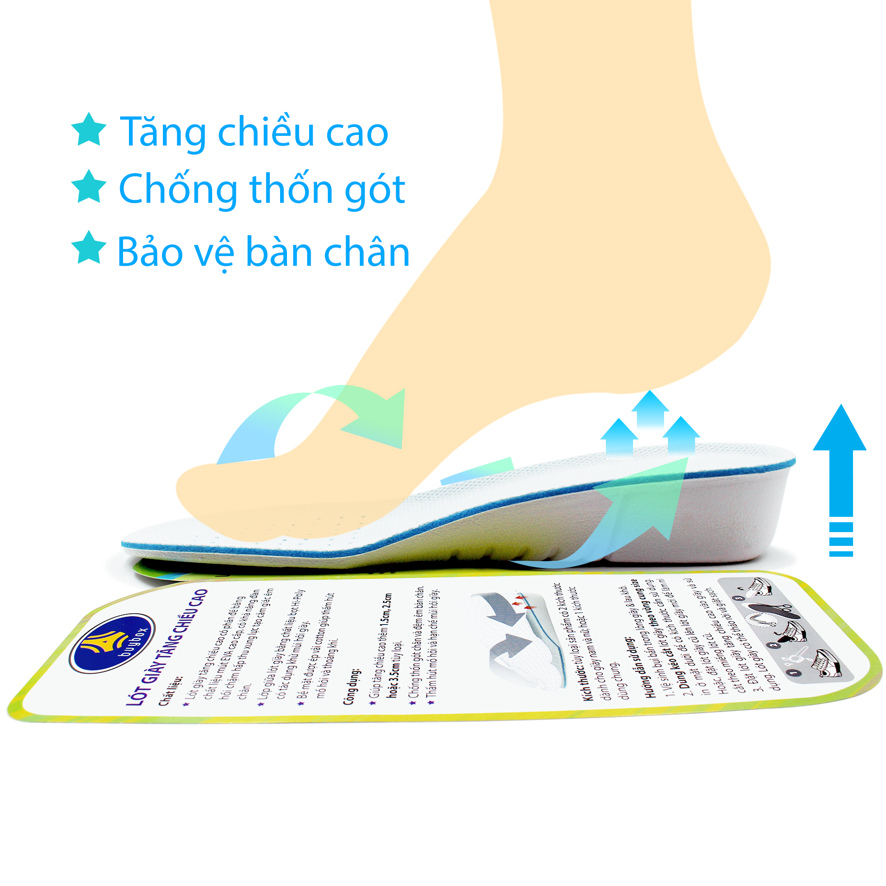 Lót giày độn đế tăng chiều cao buybox tăng 1.5cm, 2.5cm, 3.5cm