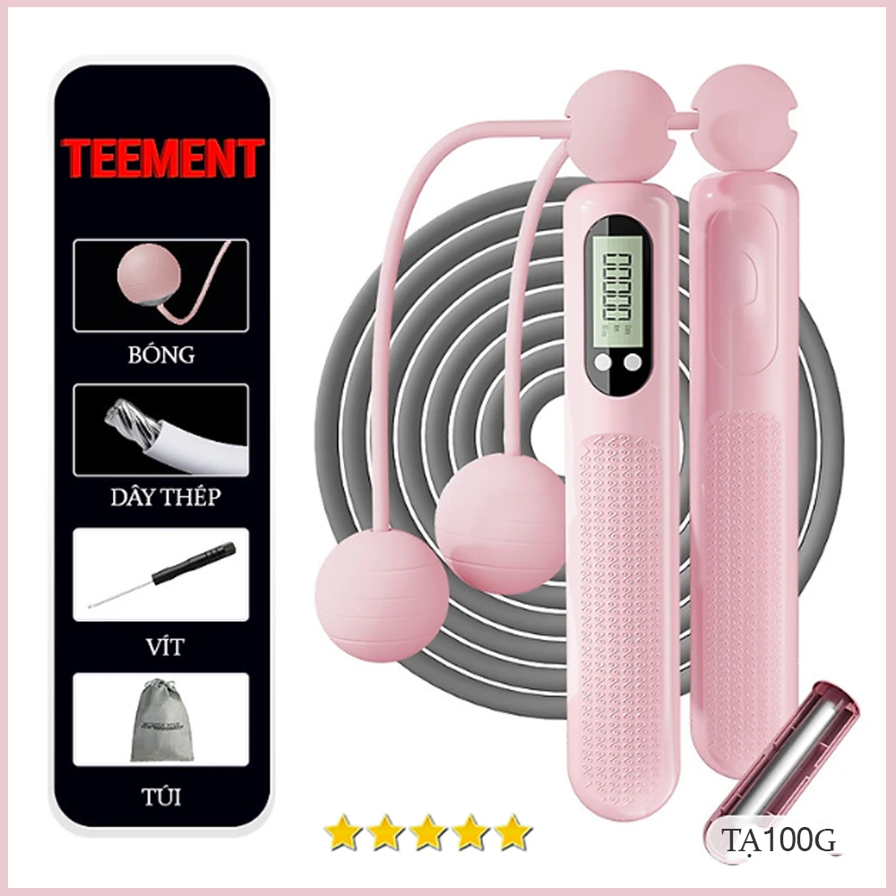 Dây Nhảy Thể Thao Lõi Thép Cao Cấp Teement Tự Động Đếm Số, Tích Hợp Đo Calo, Quãng Đường, Độ Dài Dây Tùy Chỉnh, Chiều Dài 3m, Trục Xoay 360 Độ  - Kèm Bóng Xoay, Tạ Điều Chỉnh Khối Lượng - Hàng Chính Hãng