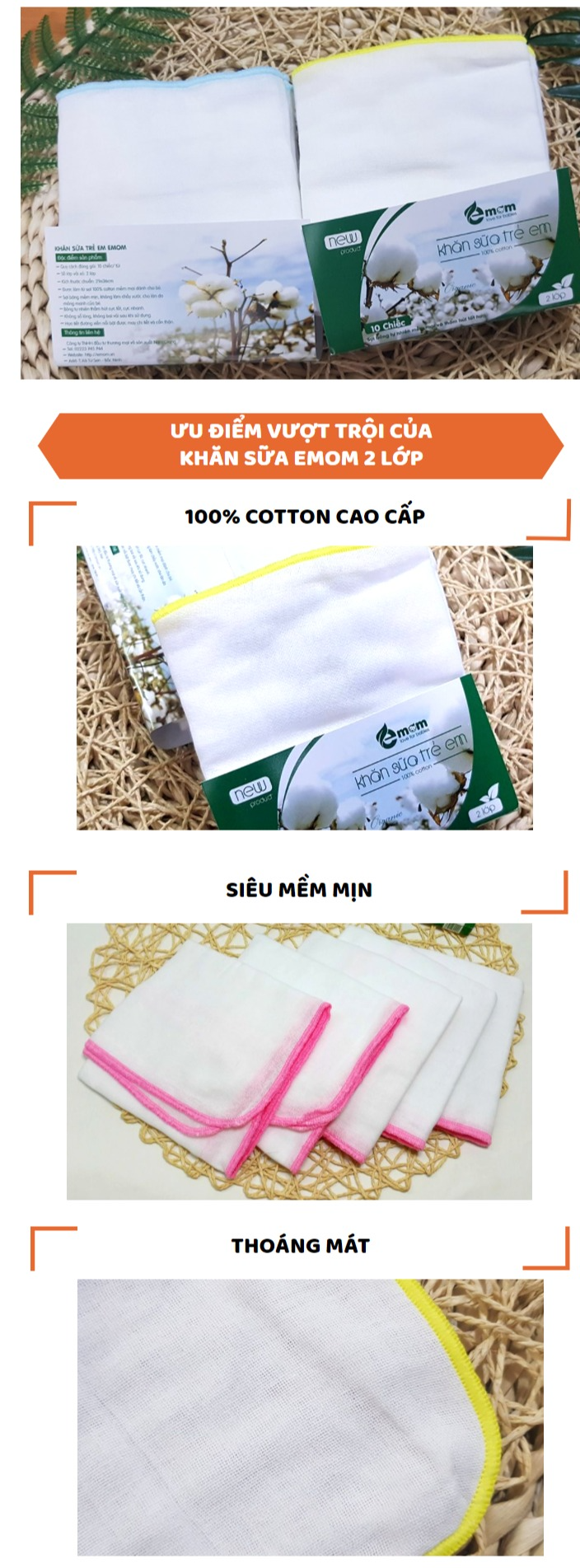 [Set 10 Chiếc] Khăn Sữa Cho Bé Sơ Sinh 2 Lớp Emom, 100% Cotton Cao Cấp, Siêu Mềm Mịn, Thoáng Mát 3