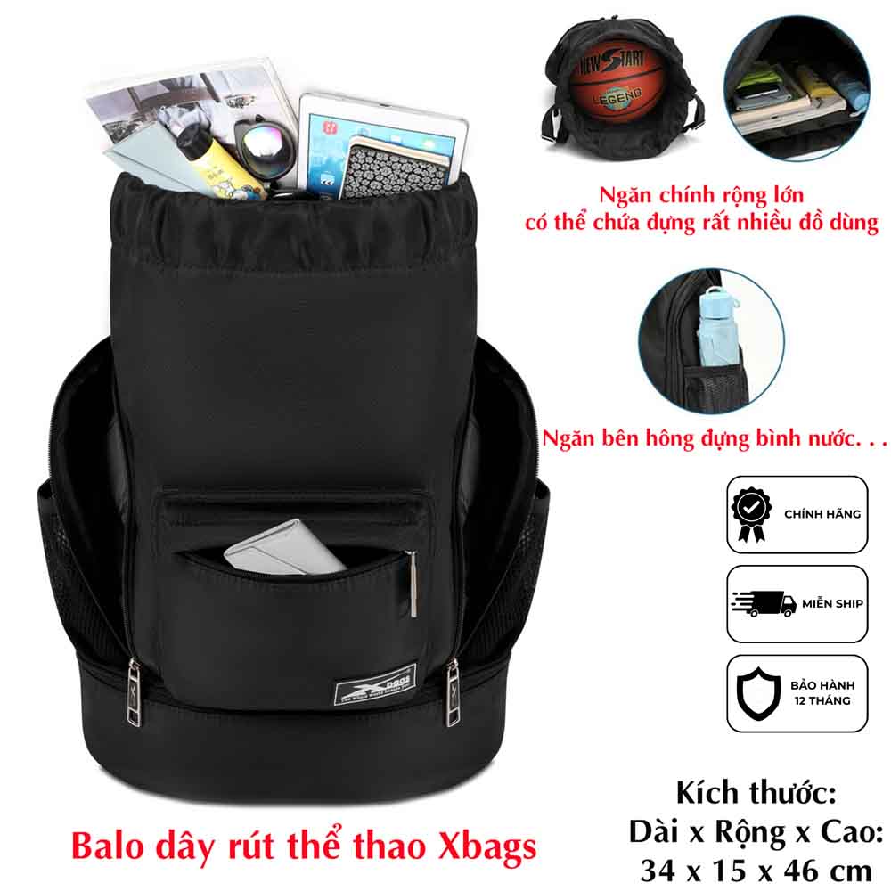 Balo dây rút thể thao đen Xbags Wisdom Xb 6004, Chất liệu chống thấm nước hiệu quả