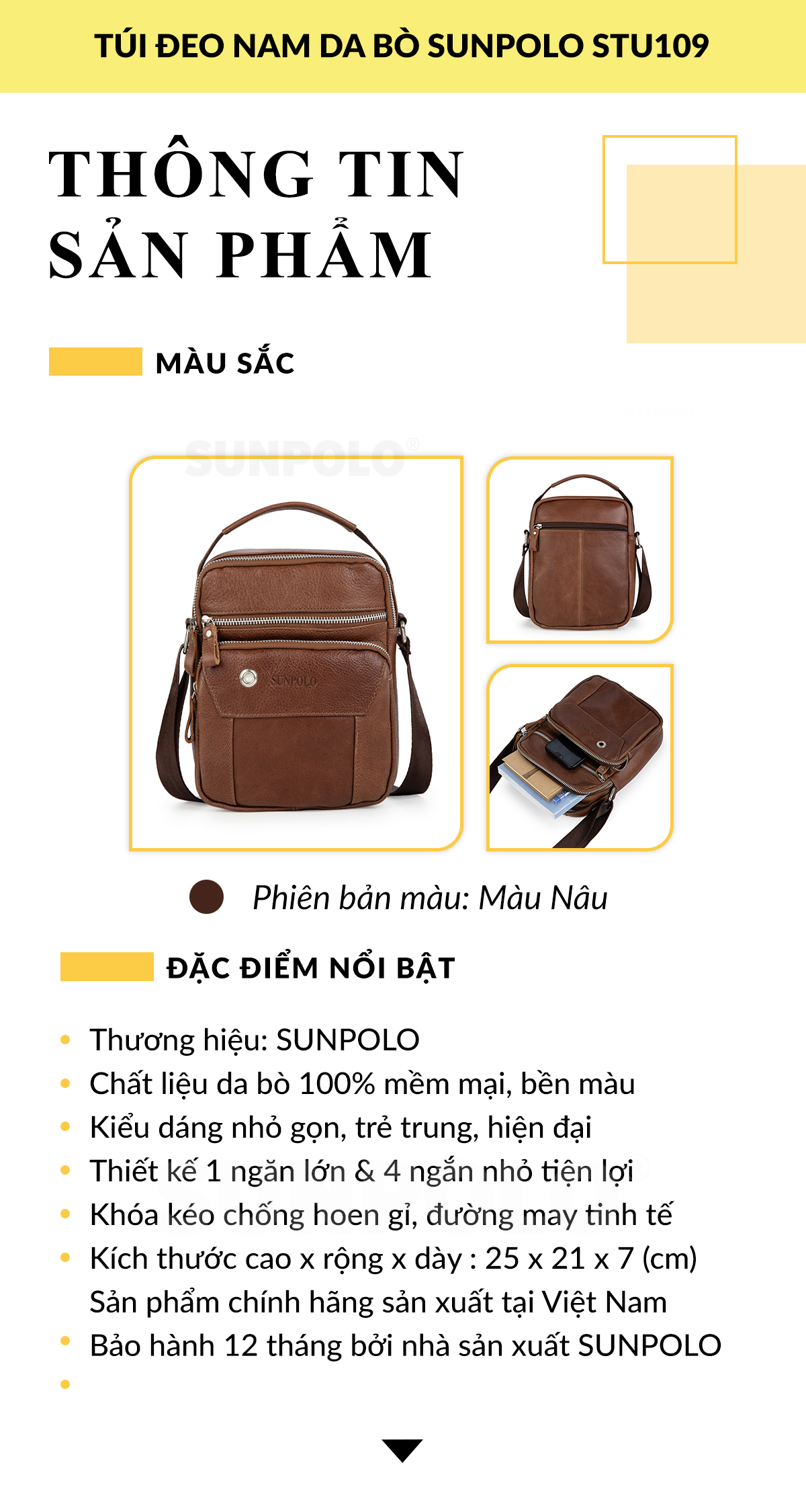 Túi Nam Đeo Chéo Da Thật SUNPOLO STU109 (Nâu)