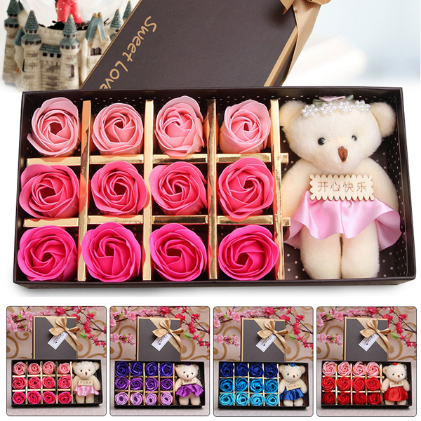 Hộp Quà Hoa Hồng Sáp 12 Bông 3 Màu Sắc Kèm Gấu