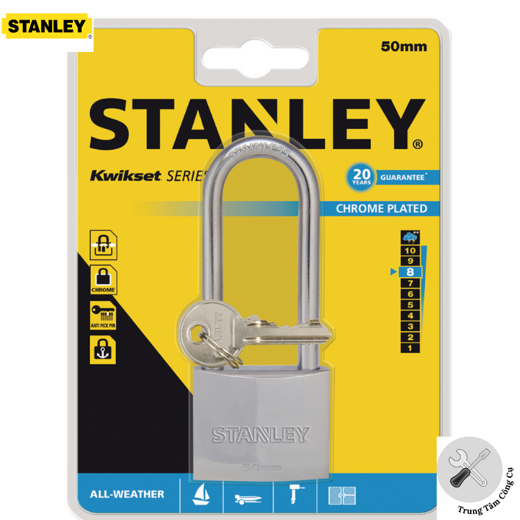 Ổ Khóa Stanley USA, Chrome trắng, càng dài, rộng 50mm- S742-017