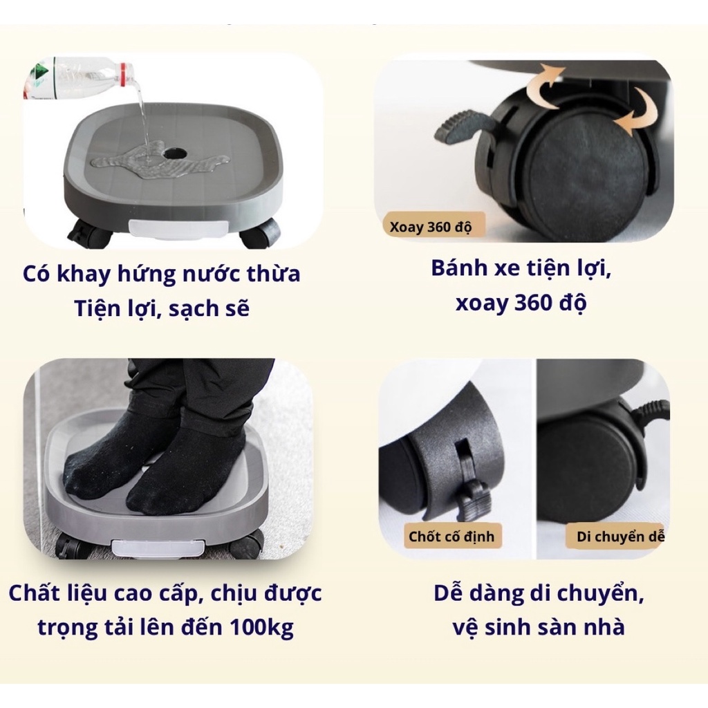 Đế Kê Chậu Cây- Kệ Lót Chậu Cây Có Bánh Xe Dễ Dàng Di Chuyển Và Khay Hứng Nước 1.5L Tiện Lợi - Chịu Lực 80kg