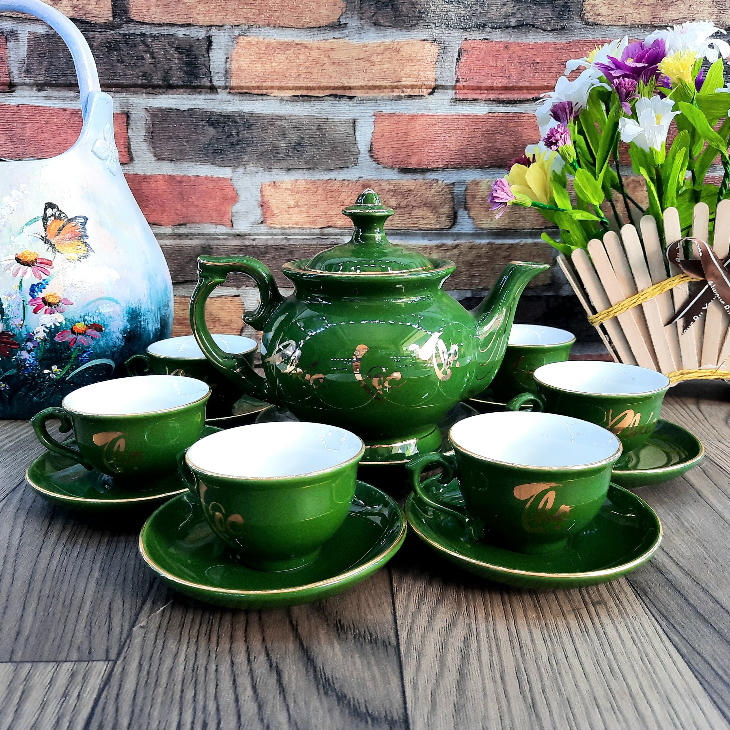 Bộ ấm chén Bát Tràng phú quý men xanh lục ngọc bảo họa tiết Phúc - Lộc - Thọ vẽ vàng 24k 