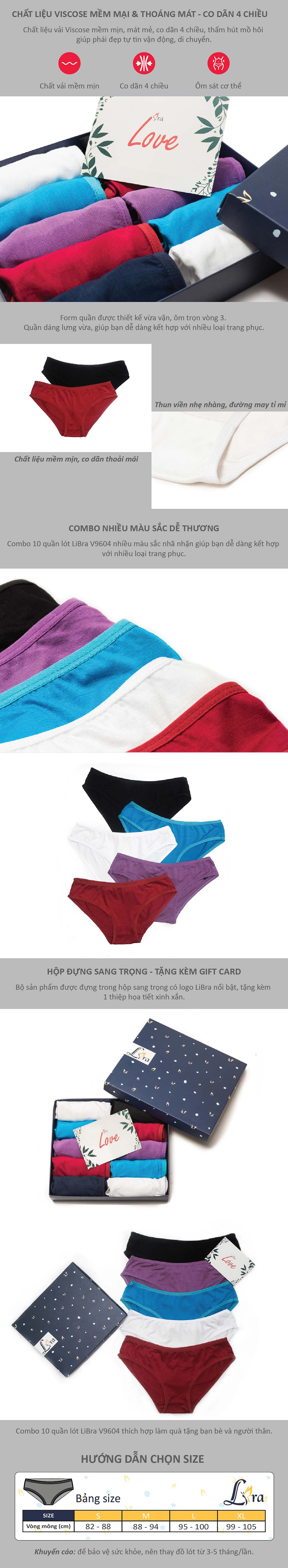 Combo 10 quần lót nữ LIBRA viscose V9604 - Màu sắc ngẫu nhiên (Kèm hộp và thiệp)