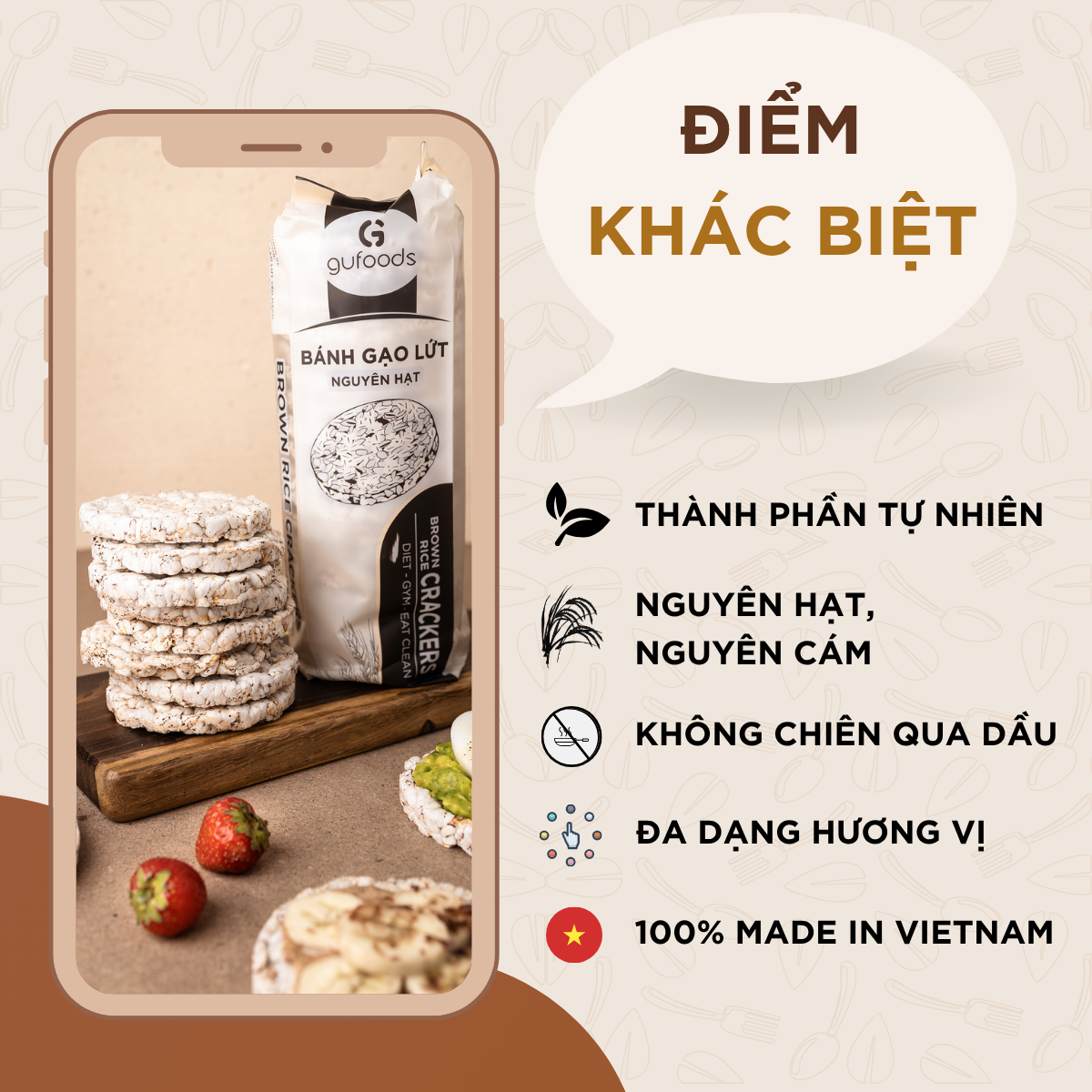 Bánh gạo lứt GUfoods - Không chiên dầu, Không đường, Từ gạo và ngũ cốc nguyên hạt, Lành mạnh, Phù hợp Eat clean, Ăn vặt healthy, Thực dưỡng, Tập gym, Thuần chay, Đa dạng hương vị (túi 300g = 30 bánh)