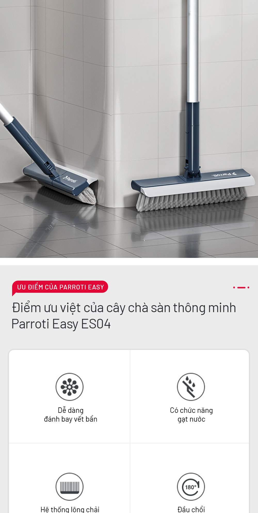 Cây chà sàn nhà tắm, chổi cọ sàn và gạt nước 2 trong 1, cọ sạch khe hẹp và góc tường – Parroti Easy ES04