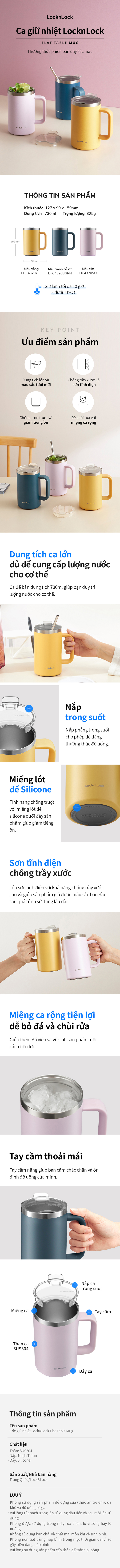 Ca giữ nhiệt Flat Table Mug LocknLock LHC4320 - Dung tích 730ml - Tay cầm thoải mái - Miệng ca rộng - Nắp trong suốt