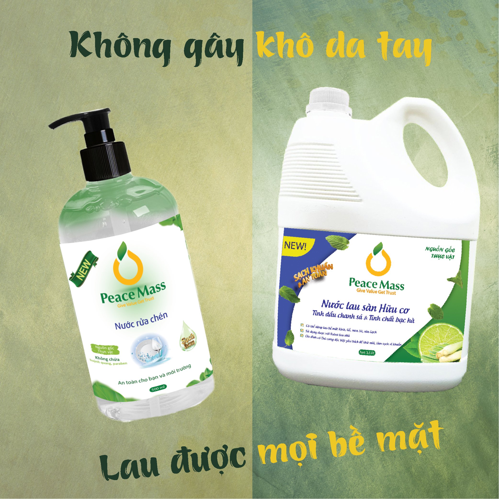 lsb1 combo hữu cơ peace mass nước lau sàn tinh dầu chanh sả & tinh chất bạc hà 3.6 lít + nước rửa chén 500ml 1