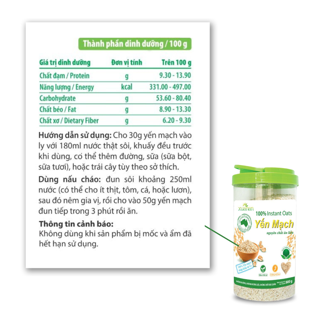 Yến Mạch Nguyên Chất Ăn Liền Xuân An [ko đường] Hộp 800G (Tặng Kèm 1 Túi Ngũ cốc Gạo Lức Huyết Rồng 200G)