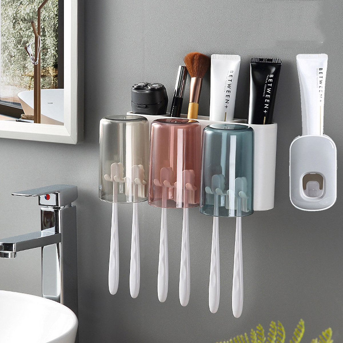 Bộ Dụng Cụ Nhả Kem Đánh Răng Tự Động 2/3/4 Cốc Và Giá Treo Bàn Chải Đa Năng - Chất Liệu ABS Cao Cấp - Hàng Chính Hãng MINIIN 