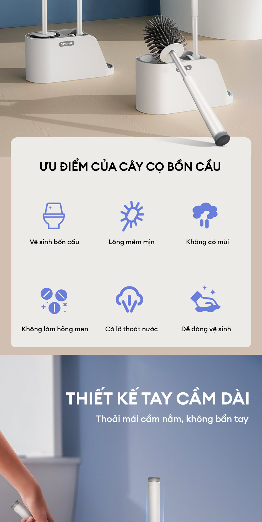 Cọ bồn cầu silicon, cọ toilet nhà vệ sinh 2 trong 1, có thể treo tường và cây gắp tóc Parroti Silicon SL02