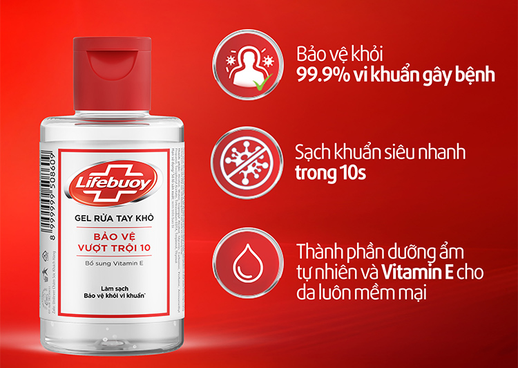 Gel Rửa Tay Khô Sạch Siêu Nhanh Lifebuoy Bảo Vệ Vượt Trội 10 (Chai Nắp 100ml)