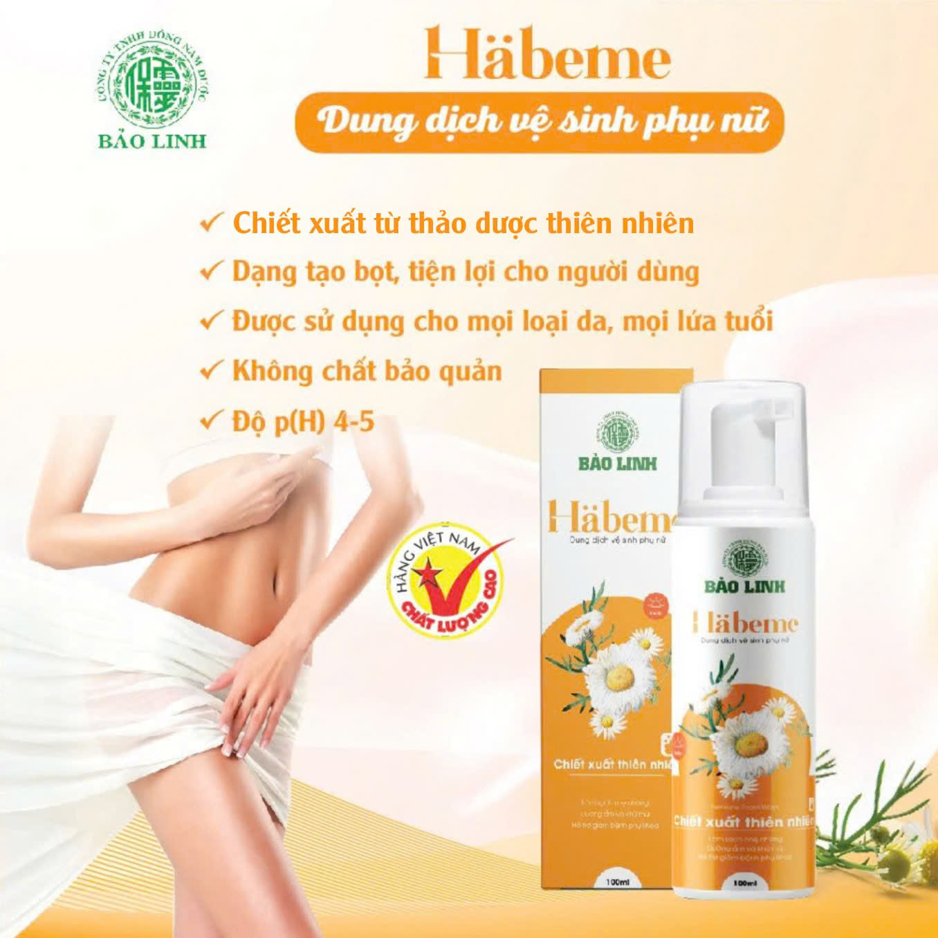 Dung Dịch Vệ Sinh Phụ Nữ Bảo Linh Habeme 100ml - Chiết Xuất Từ Thiên Nhiên, Dạng Tạo Bọt, Dưỡng Ẩm, Giúp Khử Mùi, Nấm Ngứa