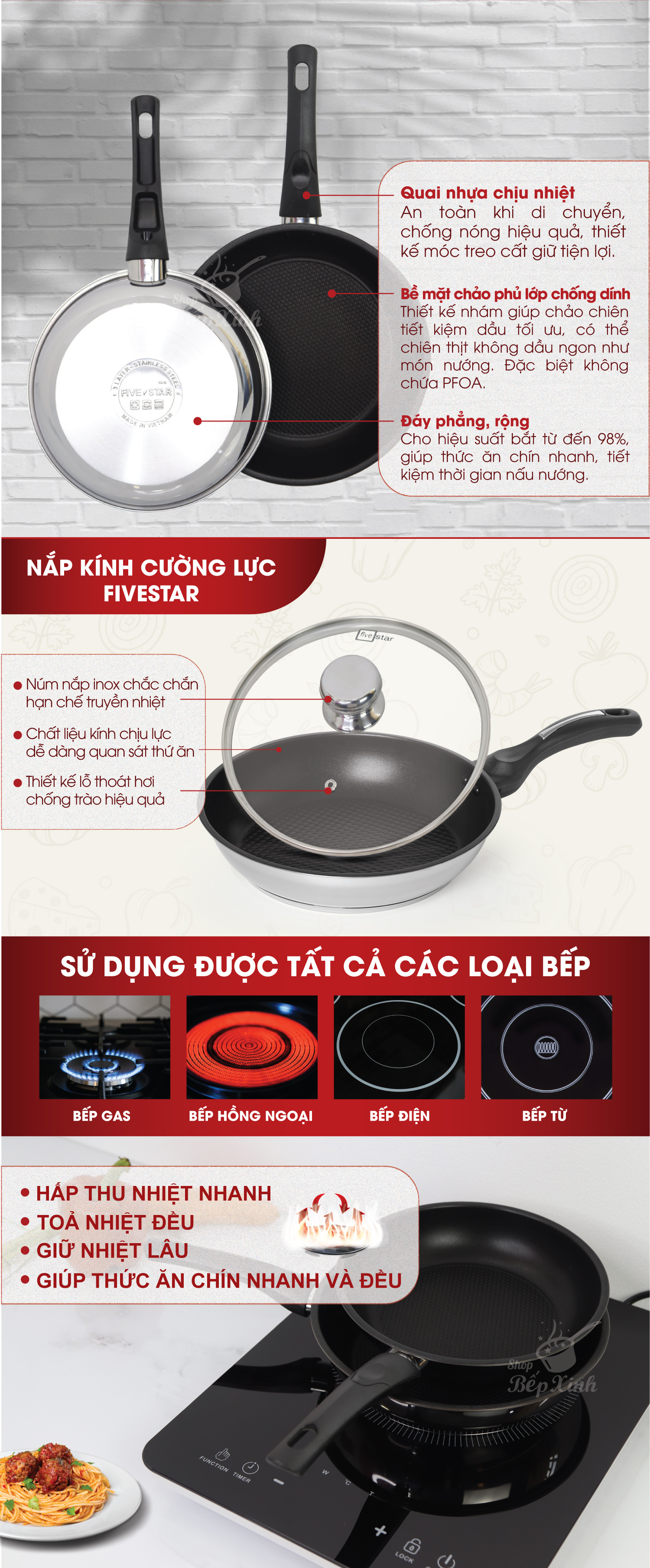 Chảo chống dính 3 đáy inox 430 Fivestar Standard và nắp kính tặng 5 muỗng ăn (16cm/20cm)
