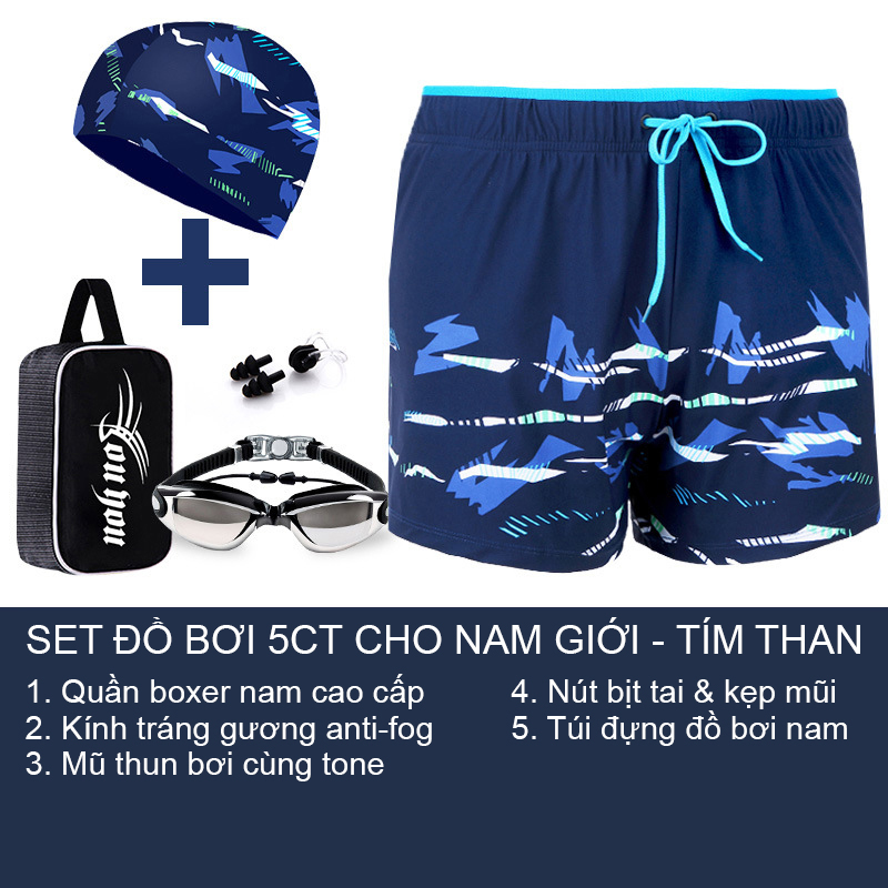 Combo đồ bơi nam giới, set 4,5 chi tiết Quần boxer 2 lớp + Kính bơi anti fog + Mũ + Bịt tai kẹp mũi + Túi đựng, mẫu cao cấp đẹp | BN007