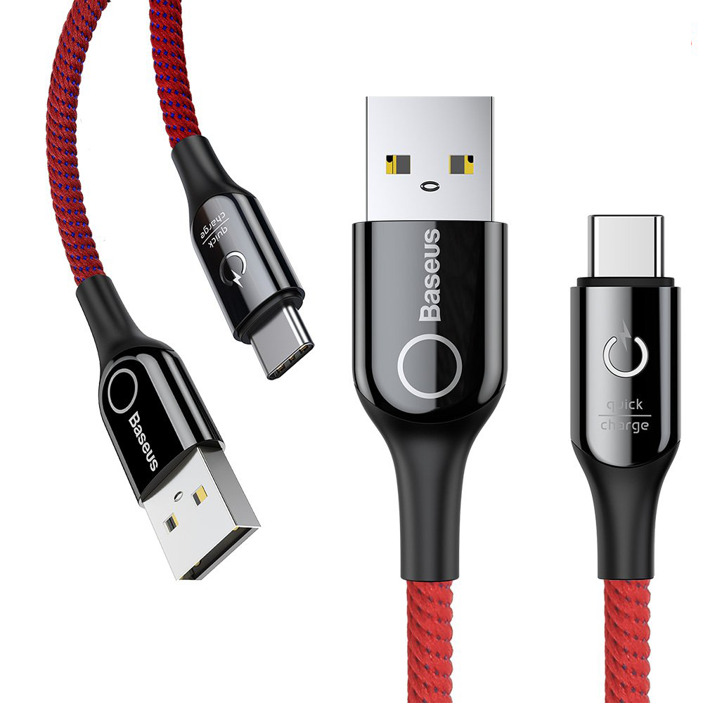 Cáp sạc Type C tự ngắt C Shape cho Androi (3A, Sạc nhanh QC 3.0, Sợi Carbon Siêu Bền, LED đổi màu thông minh) - Hàng Chính Hãng