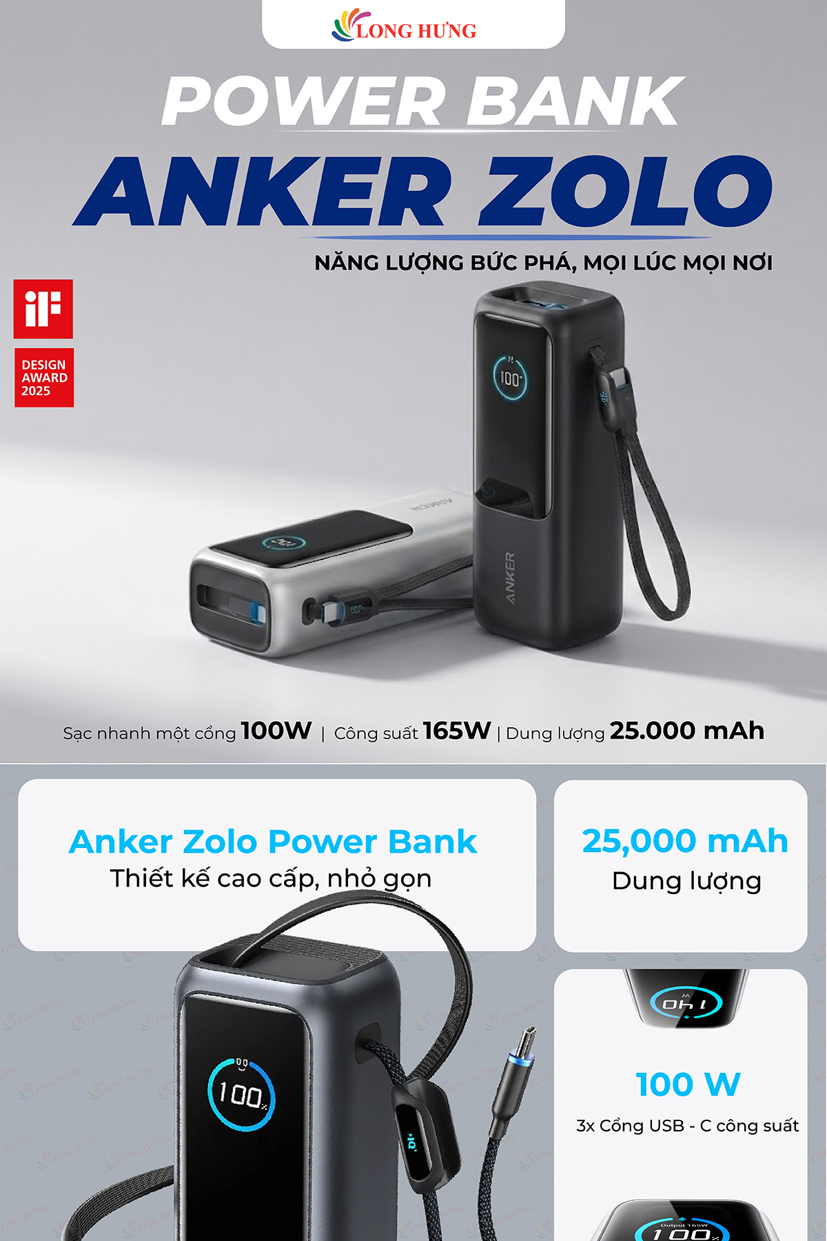 Sạc dự phòng Anker Zolo Power Bank High-Power Multi Device USB-C 165W 25000mAh A1695 - Hàng chính hãng