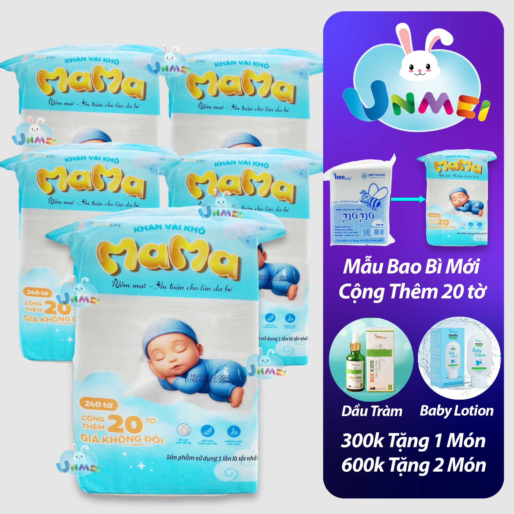 Combo 5 bịch khăn vải khô đa năng Mama (bịch 240 tờ)