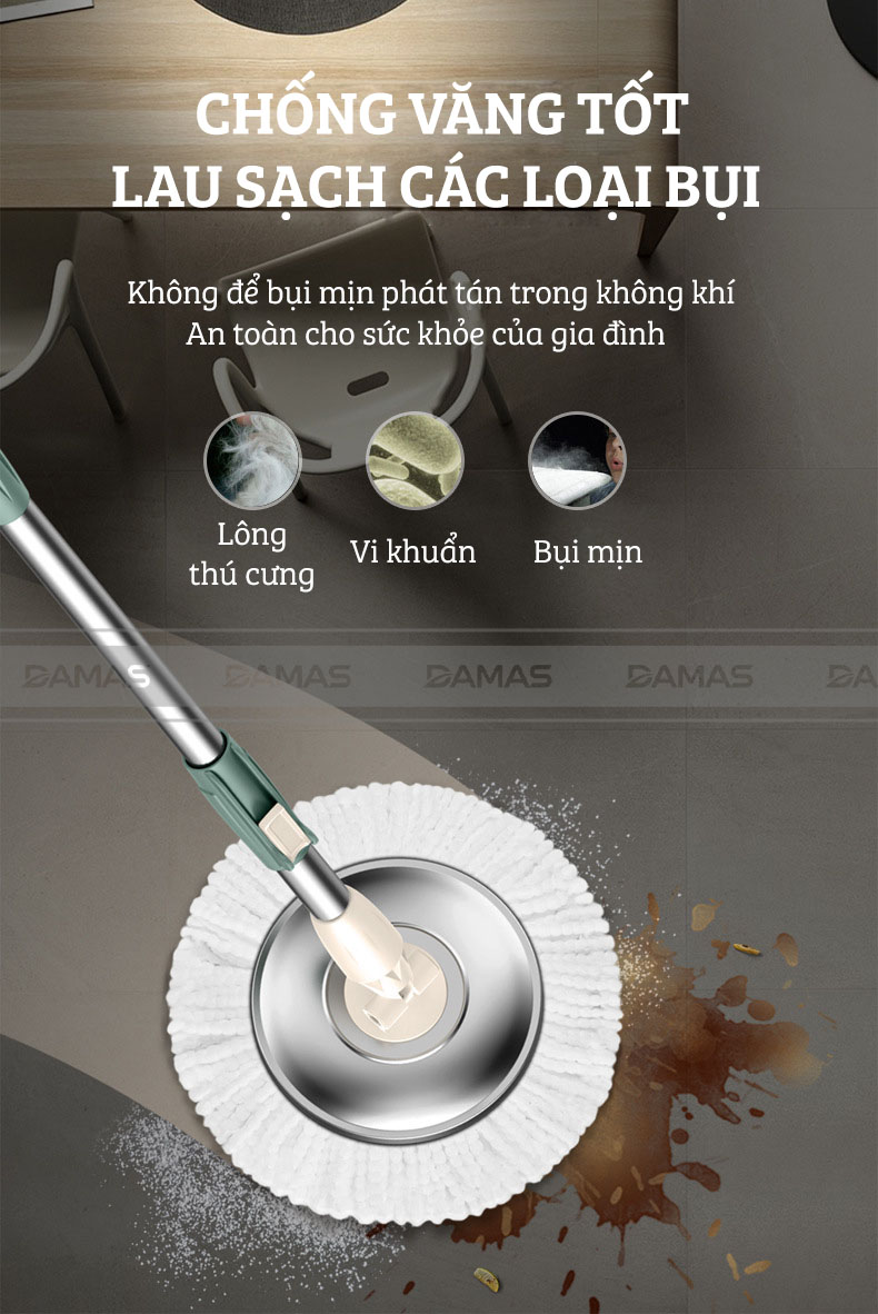 Bộ Cây Lau Nhà Tự Vắt Thông Minh Damas G720 - Chổi Lau Xoay 360 Độ, Giặt Sạch Vắt Khô Nhanh Chóng - Thiết Kế Nâng Cấp Bổ Sung Tay Kéo Giúp Di Chuyển Dễ Dàng - Chất Liệu Nhựa PP Cao Cấp Chống Mài Mòn Gia Tăng Thời Gian Sử Dụng - Hàng Chính Hãng