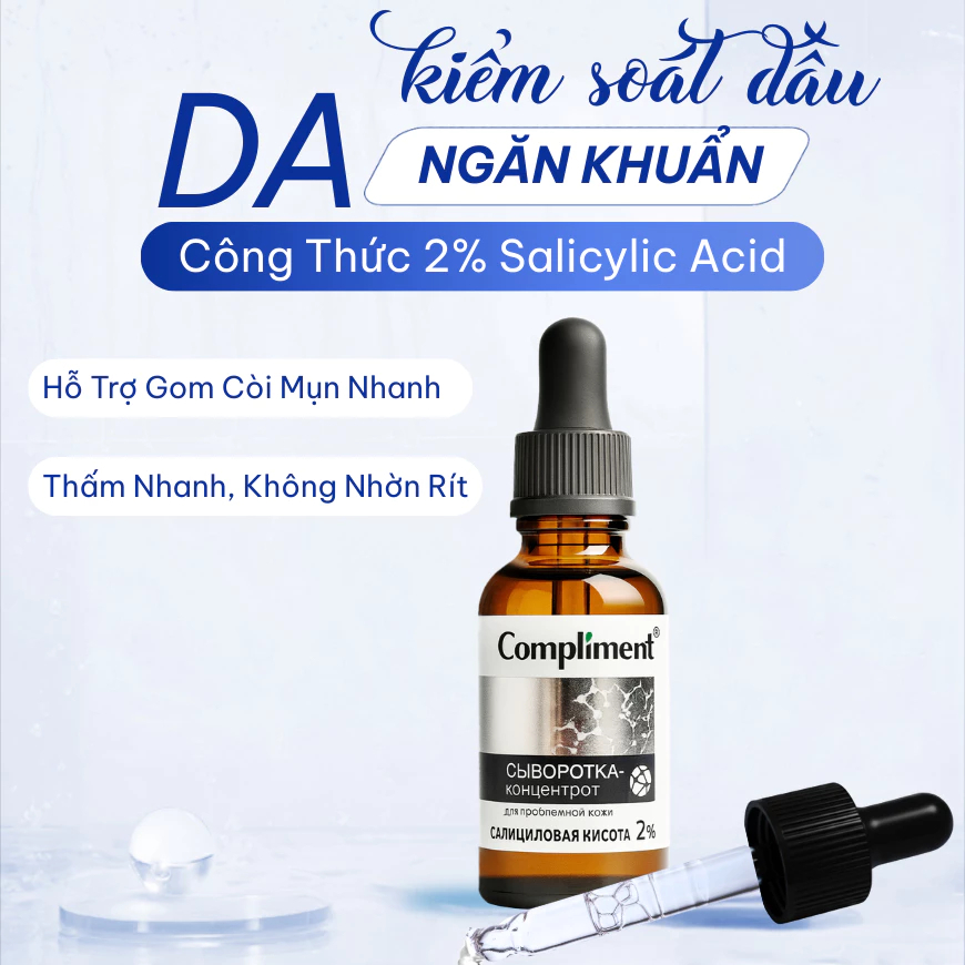 Serum Compliment 2% BHA Salicylic Acid Hyaluronic Acid B5 5% Vitamin C 20% Làm Sạch Da, Giảm Mụn Trắng Da Căng Bóng 27ml