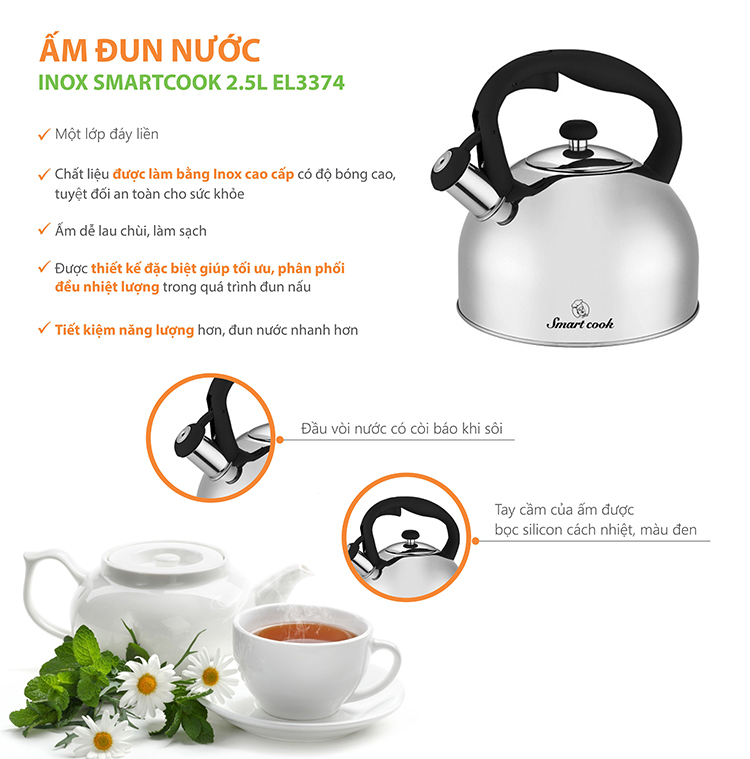 Ấm Đun Nước Bằng Inox Cao Cấp Smartcook Sm3374 (2.5l)