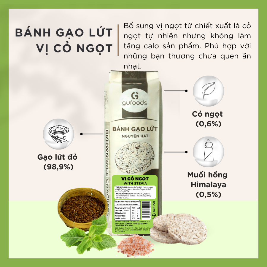 Bánh gạo lứt GUfoods (170g) - Không chiên dầu, Không đường, Từ gạo và ngũ cốc nguyên hạt, Lành mạnh, Phù hợp Eat clean, Ăn vặt healthy, Thực dưỡng, Tập gym, Thuần chay, Đa dạng hương vị