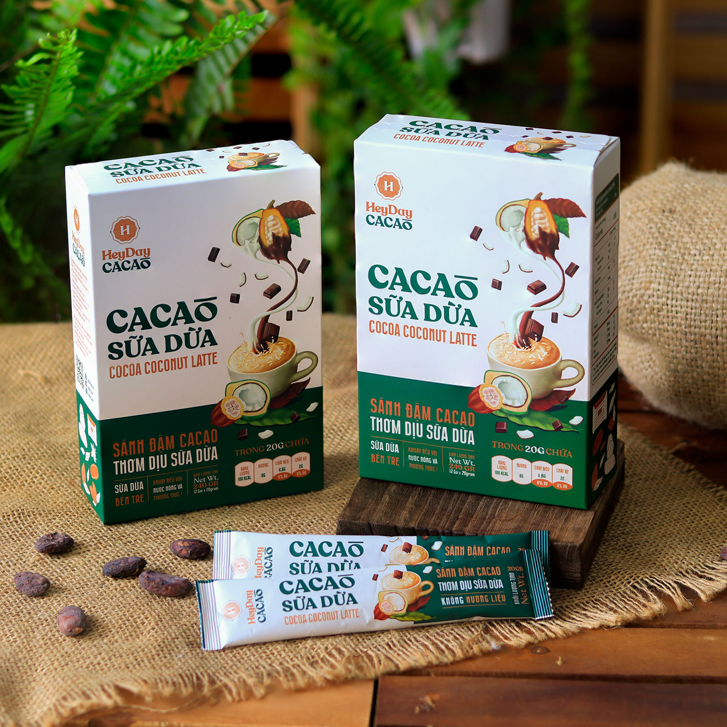 Bột Cacao Sữa Dừa Heyday - Hộp Giấy 12 Gói Tiện Lợi 20g - Bột cacao sữa dừa tự nhiên, thuần chay - Heyday Cacao
