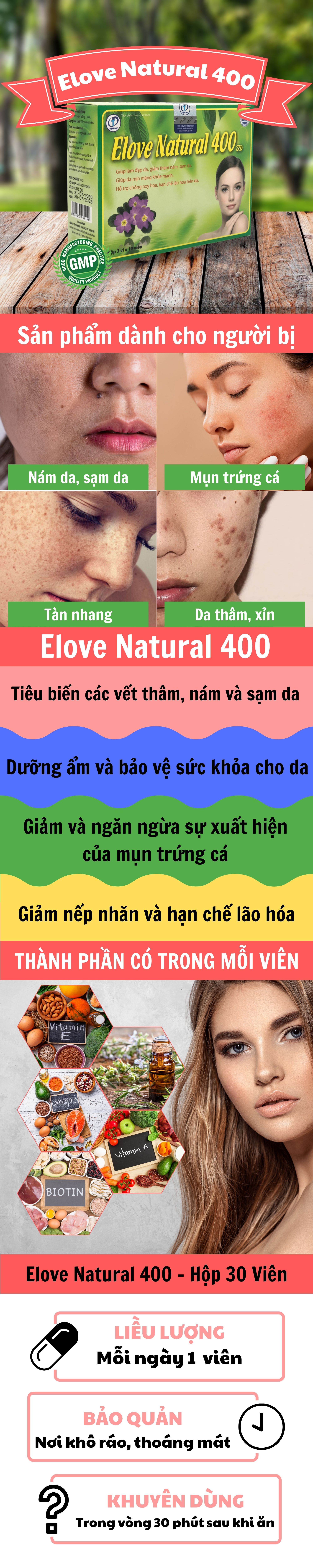 Elove Natural 400 - Hỗ trợ chống oxy hóa, Hạn chế lão hóa da, Giúp làm đẹp da, Giảm nếp nhăn, thâm nám, sẹo, mụn trứng cá (Hộp 30 viên) 1