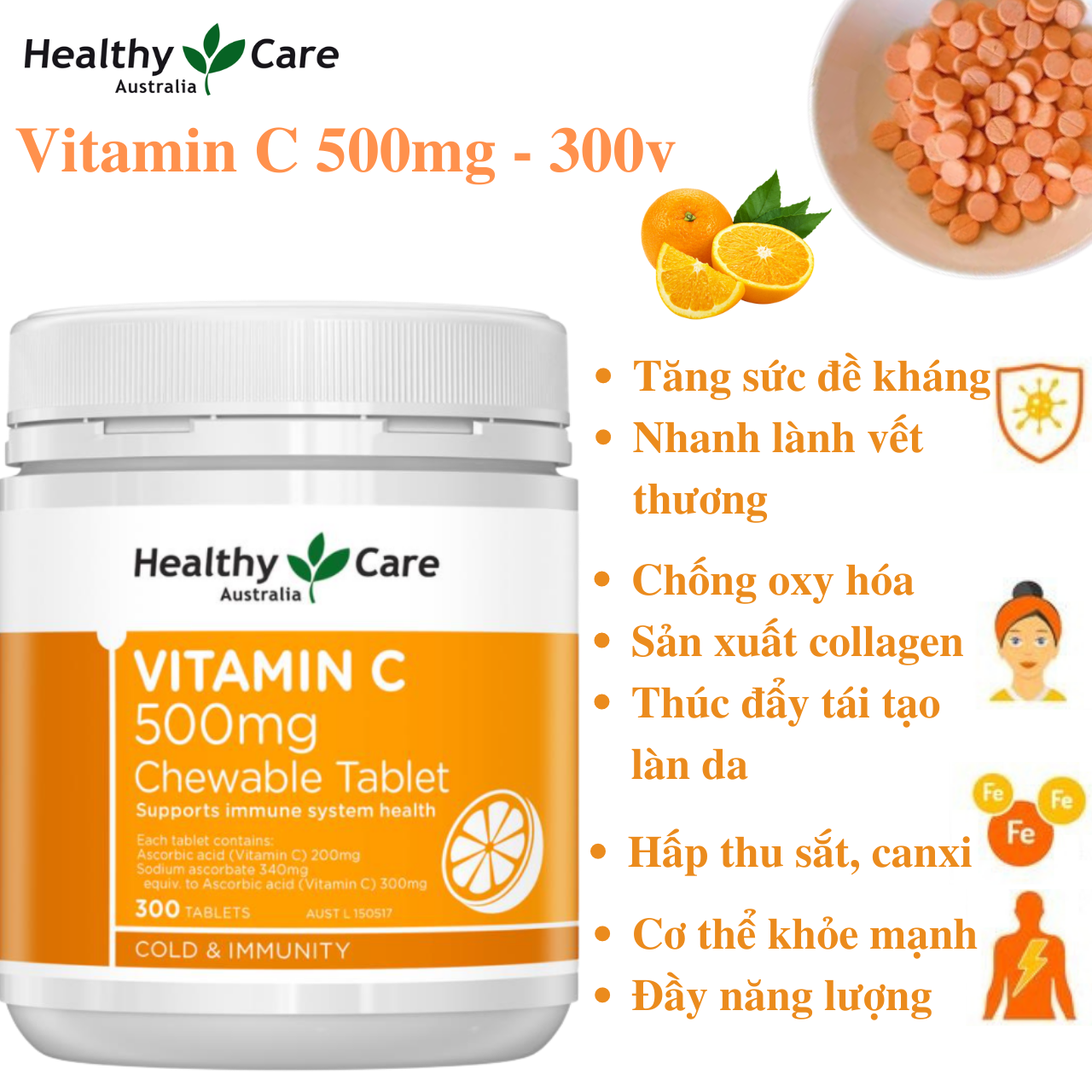 Vitamin C Úc Healthy Care Vitamin C 500mg Chewable