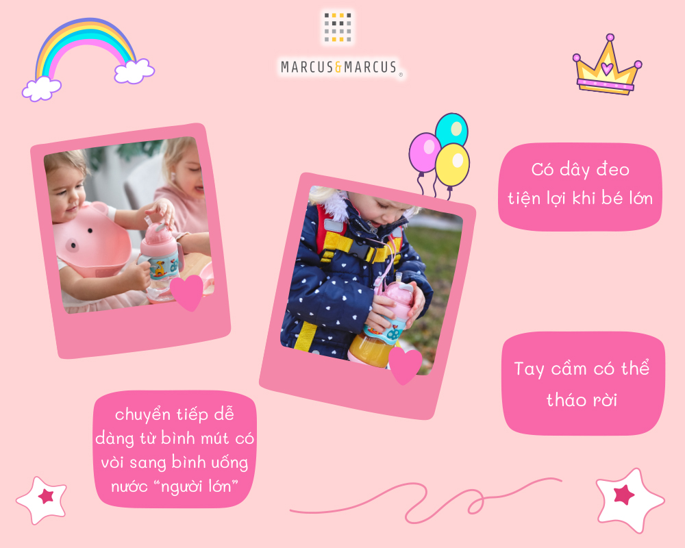Bình uống nước có ống hút cho bé Tritan 2-Stage Marcus & Marcus, từ 12 tháng - Hồng
