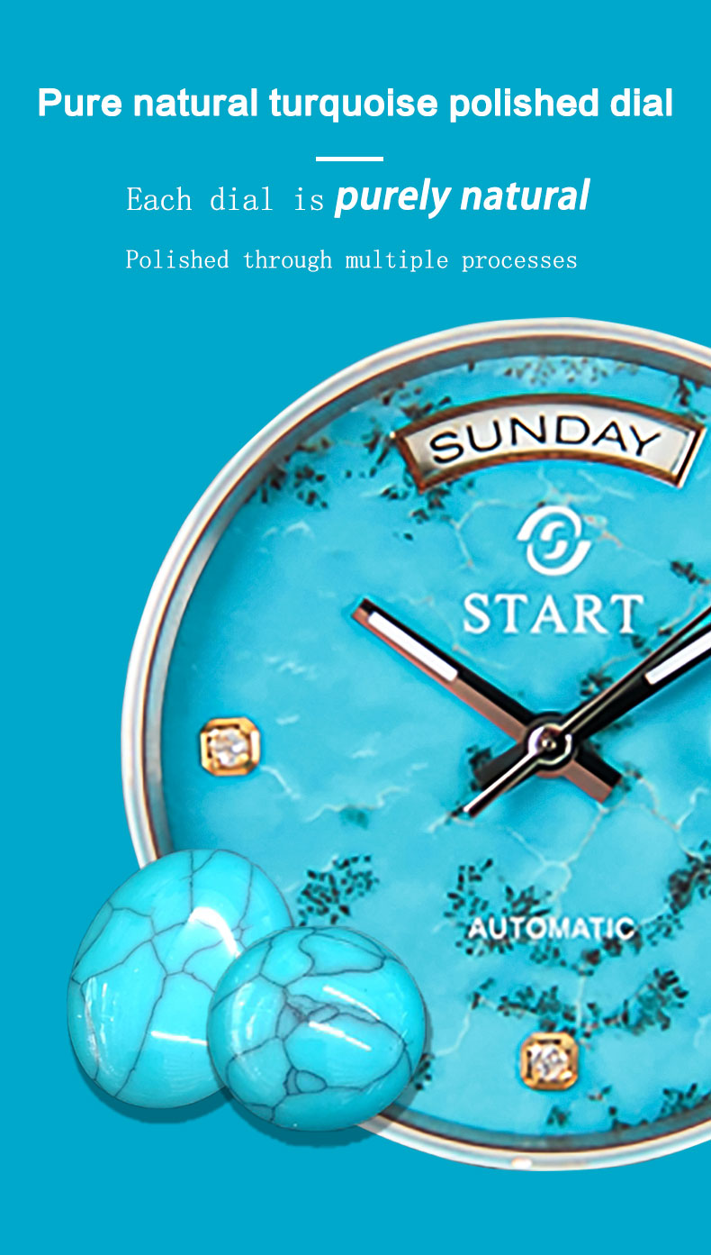 【START】Đồng hồ nam đá ngọc lam tự nhiên（Turquoise）đồng hồ kim cương chức năng hiển thị thứ ngày  đồng hồ cơ tự động dây da cá sấu Khóa bướm