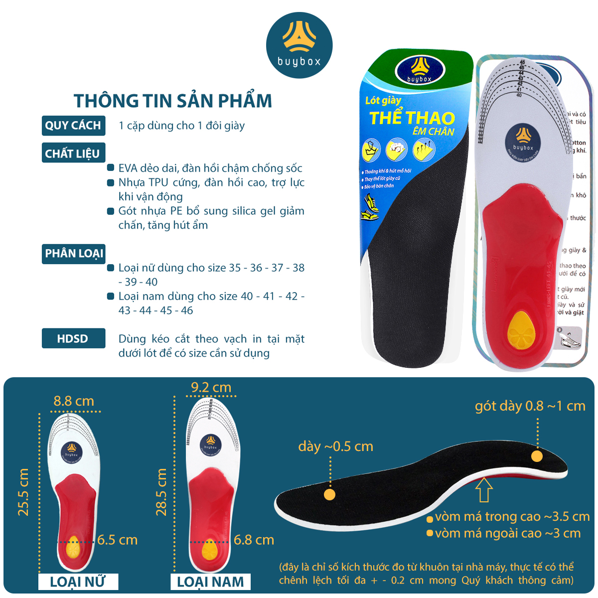 thông tin sản phẩm của Lót giày vòm cao ốp nhựa chuyên dùng cho bàn chân bẹt phẳng cải thiện dáng đi chân chữ X, giảm đau mỏi lòng bàn chân - buybox - V01BBPK179