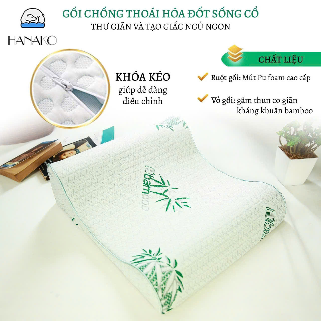 Gối chống thoái hóa đốt sống cổ chuyên dụng 2 đầu gối cao thấp HANAKO - hỗ trợ giảm thiểu đau mỏi vai gáy, cột sống