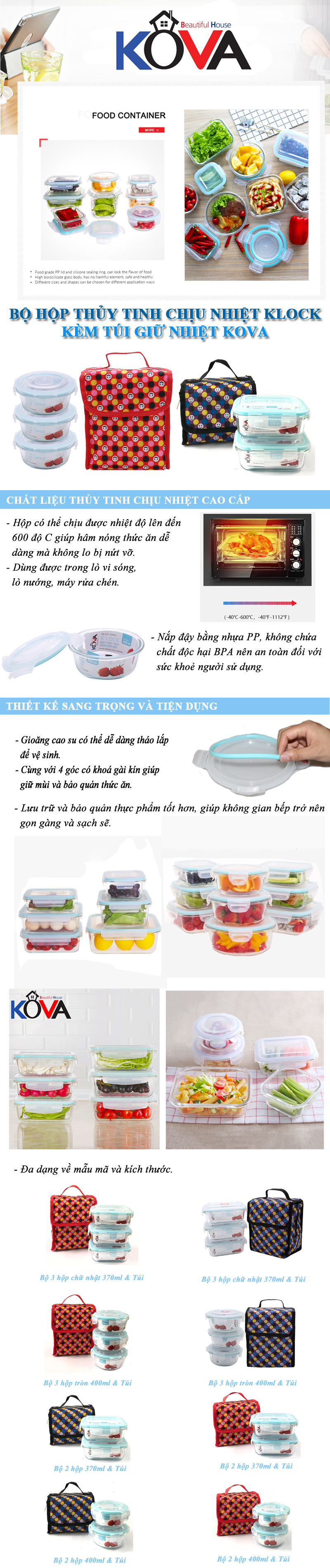 Bộ 3 Hộp Thủy Tinh Chịu Nhiệt KOVA KLOCK KV400 (3 x 400ml) Và Túi Giữ Nhiệt